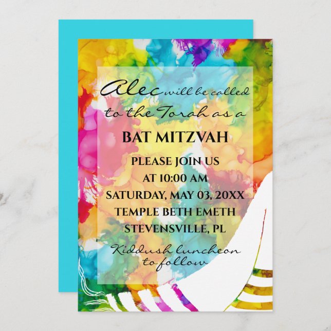 BM Bat Bar Mitzvah Splash of Colour Tallit Invitation (Front/Back)