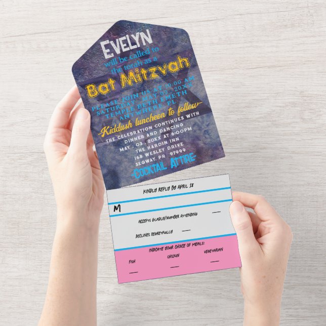 BM Bat Mitzvah Blues and Pinks All In One Invitation (Tearaway)