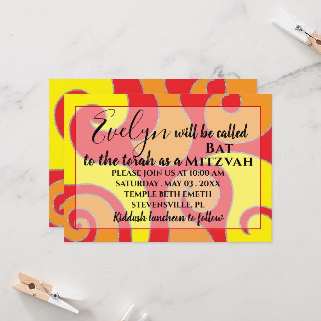 BM Bat N Bar Mitzvah Silvery Swirls Invitation (Front/Back In Situ)