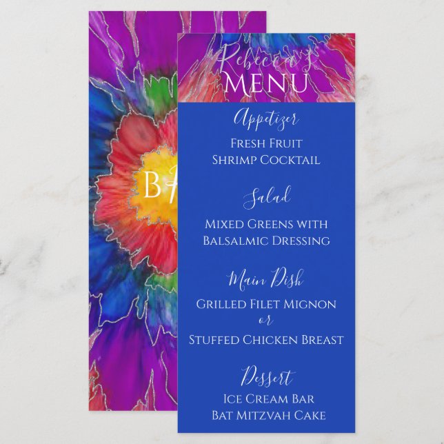 BM Bat or Bar Mitzvah Elegant Tie Dye Food Menu (Front/Back)