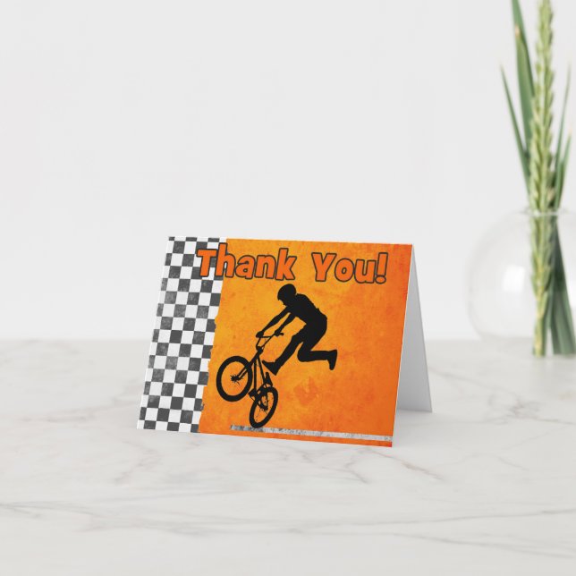 BMX Bike Boys Birthday Party Thank You Note Orange (Front)