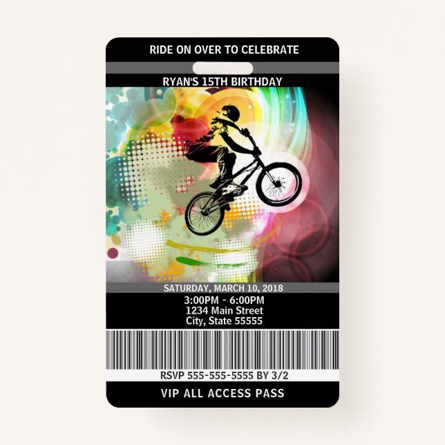 BMX Birthday Invitation VIP Pass ID Badge (Front)