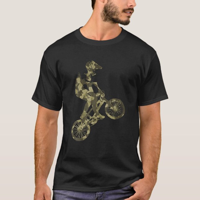 BMX Racing Extreme Sports Bike Rider Camouflage T-Shirt (Front)