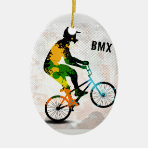 BMX Rider in Abstract Paint Splatters SQ WITH TEXT Ceramic Tree Decoration