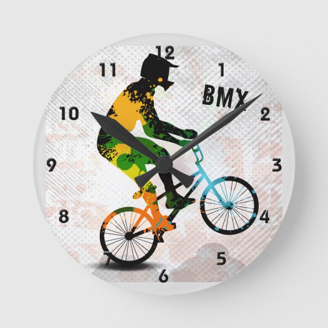 BMX Rider in Abstract Paint Splatters SQ WITH TEXT Round Clock (Front)