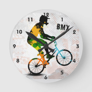 BMX Rider in Abstract Paint Splatters SQ WITH TEXT Round Clock