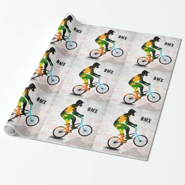 BMX Rider in Abstract Paint Splatters SQ WITH TEXT Wrapping Paper (Unrolled)
