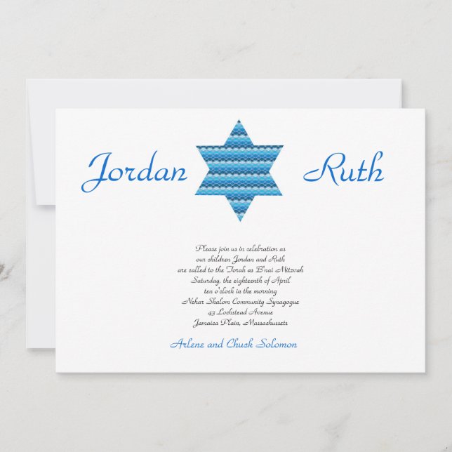 B'nai Mitzvah Invitation Twins Star of David (Front)