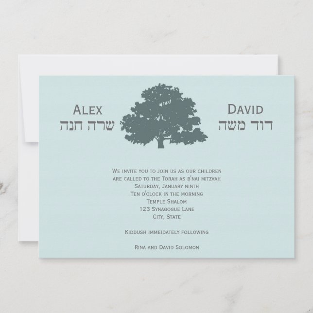 B'nai Mitzvah Invitation Twins Tree of Life Blue (Front)