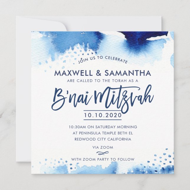 B'NAI MITZVAH INVITE hand lettered blue watercolor (Front)
