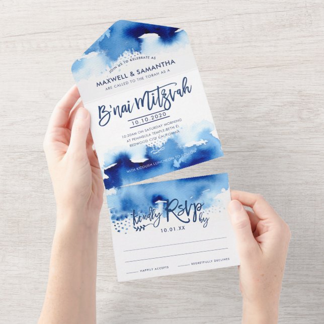 B'NAI MITZVAH INVITE hand lettered blue watercolor (Tearaway)