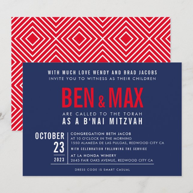 B'NAI MITZVAH modern bold block wide navy blue red Invitation (Front/Back)