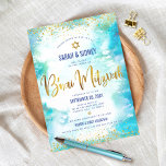 B'nai Mitzvah Modern Gold Turquoise Watercolor Invitation<br><div class="desc">Be proud, rejoice and showcase this milestone of your favourite B’nai Mitzvahs! Send out this stunning, modern, personalised invitation for an event to remember. Sparkly gold faux foil calligraphy script, Star of David, and glitter confetti dots overlay a turquoise watercolor background. Personalise the custom text with your children’s names, date,...</div>