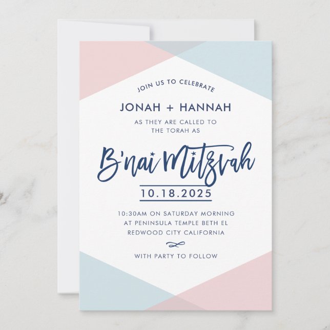 B'NAI MITZVAH modern minimal script blue pink Invitation (Front)