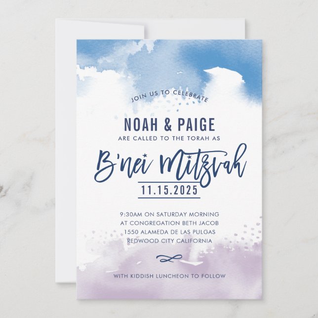 B'NEI MITZVAH handwritten blue & purple watercolor Invitation (Front)