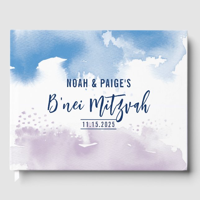 B'NEI MITZVAH modern trendy purple blue watercolor Guest Book (Front)