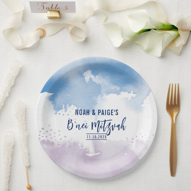 B'NEI MITZVAH SEAL modern purple blue watercolor Paper Plate (Wedding)