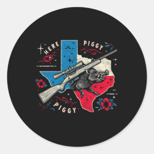Boar Hunter Mens Here Piggy Vintage Texas Wild Hog Classic Round Sticker