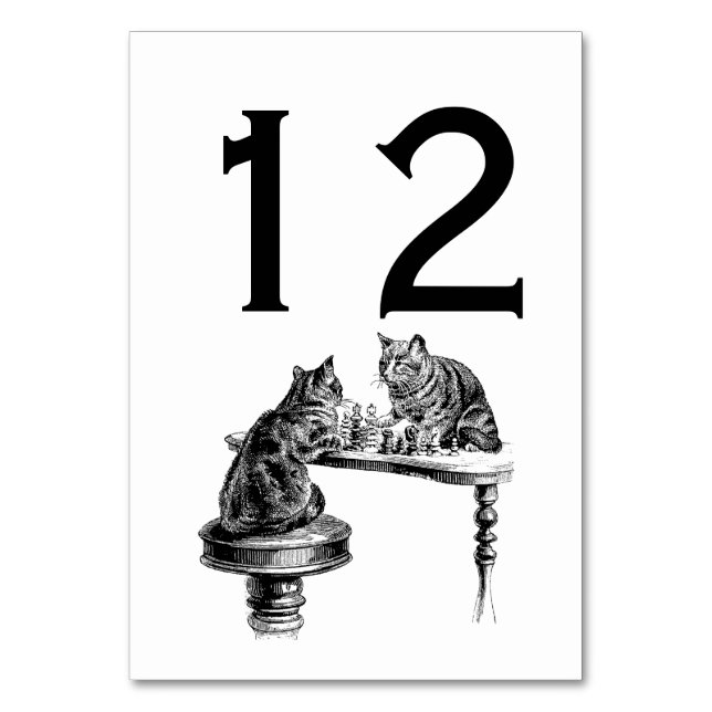Board Games: Two Cats playing a Chess Match Table Number (Front)