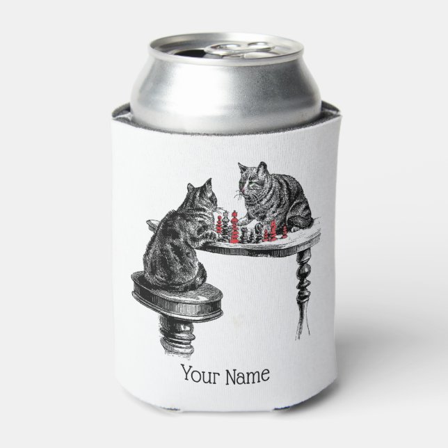 Board Games Two Cats playing Chess Match Red Can Cooler (Can Front)