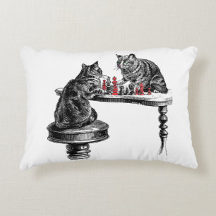 Board Games Two Cats playing Chess Match Red Decorative Cushion