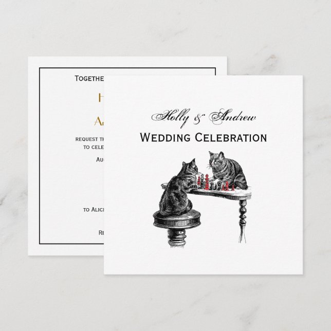 Board Games Two Cats playing Chess Match Red Invitation (Front/Back)