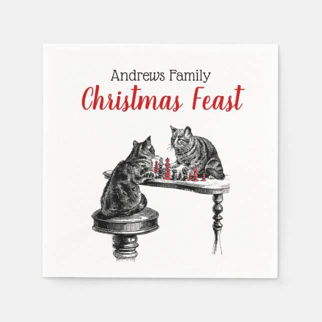 Board Games Two Cats playing Chess Match Red Napkin (Front)