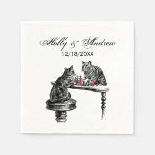 Board Games Two Cats playing Chess Match Red Napkin