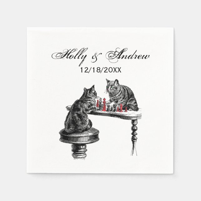 Board Games Two Cats playing Chess Match Red Napkin (Front)