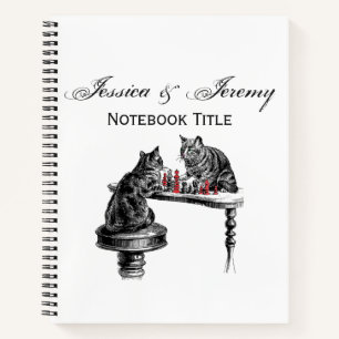 Board Games Two Cats playing Chess Match Red Notebook