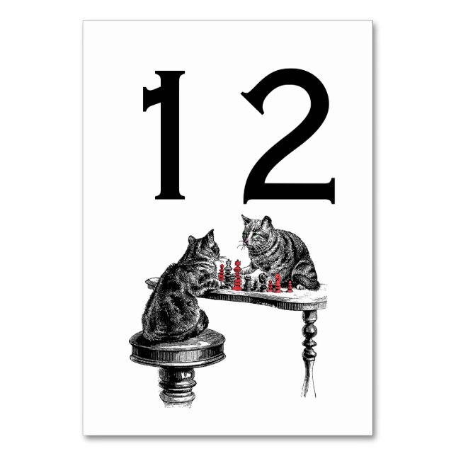 Board Games Two Cats playing Chess Match Red Table Number (Front)