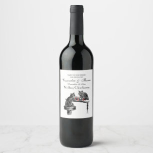 Board Games Two Cats playing Chess Match Red Wine Label