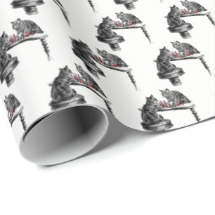 Board Games Two Cats playing Chess Match Red Wrapping Paper
