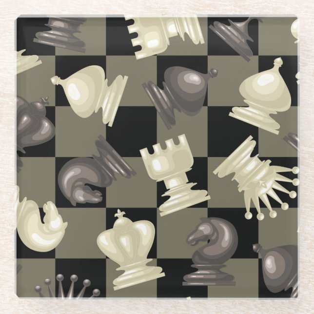 Board of Chess Pieces Laying Down Glass Coaster (Front)