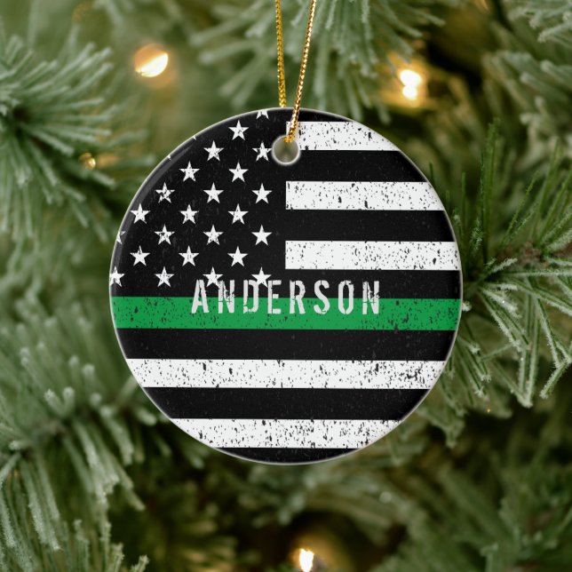 Boarder Patrol distressed Thin Green Line w/ name Ceramic Tree Decoration (Tree)