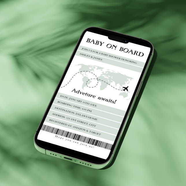 Boarding Pass Baby On Board Travel Baby Shower Holiday Card (baby on board travel baby shower invitation electronic boarding pass sage green world map)