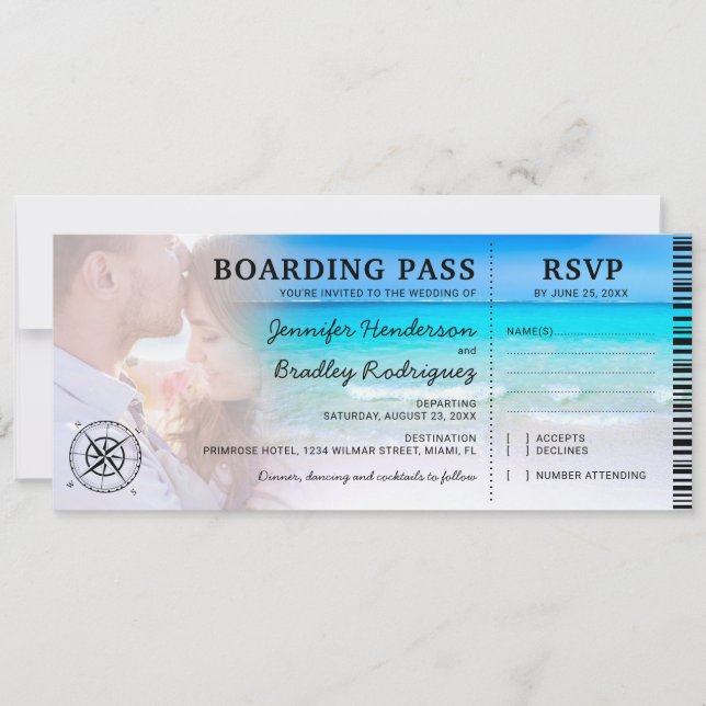 Boarding Pass Beach Photo RSVP & Wedding Invitation (Front)