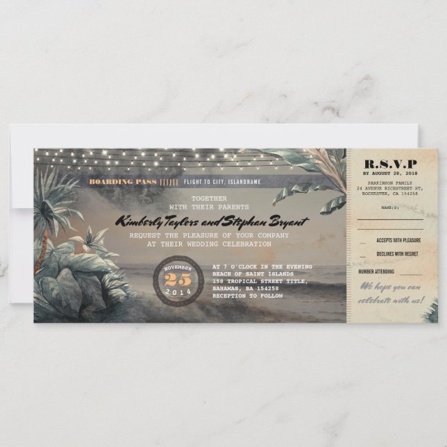 Boarding Pass Beach String Lights Wedding Ticket Invitation (Front)