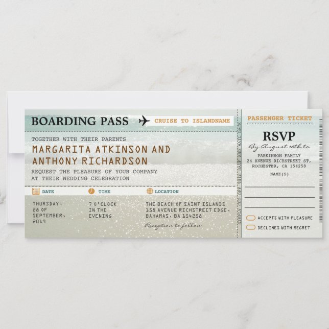 boarding pass beach waves wedding invites & RSVP (Front)