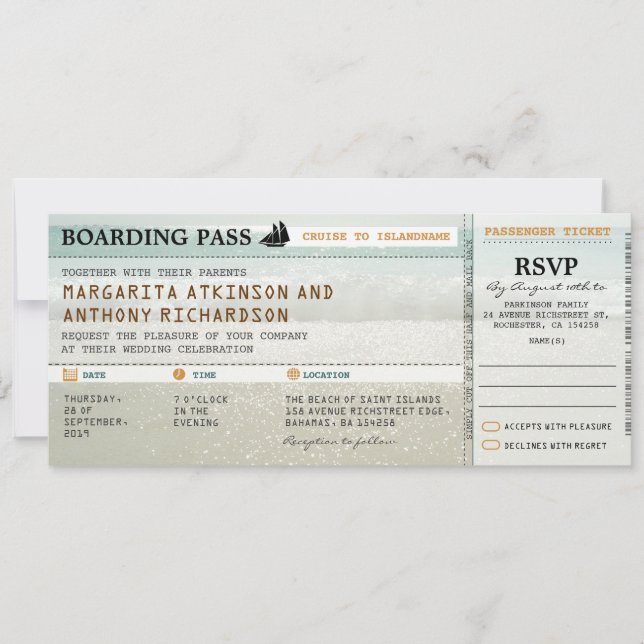 boarding pass beach waves wedding invites & RSVP (Front)