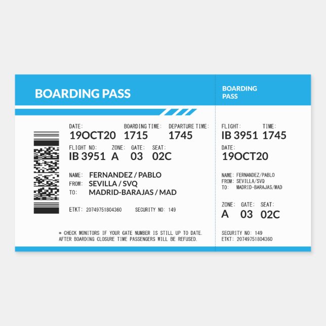Boarding Pass (blue) Rectangular Sticker (Front)