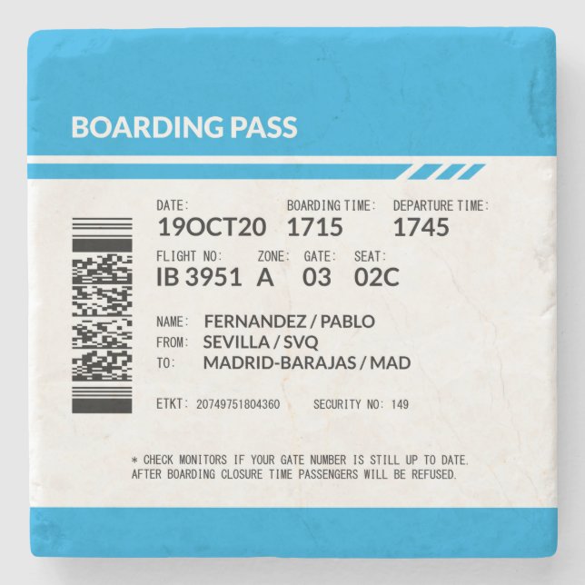 Boarding Pass (blue) Stone Coaster (Front)