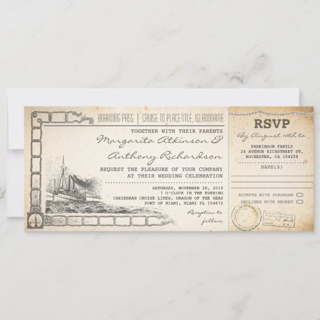 boarding pass cruise wedding invites with rsvp (Front)