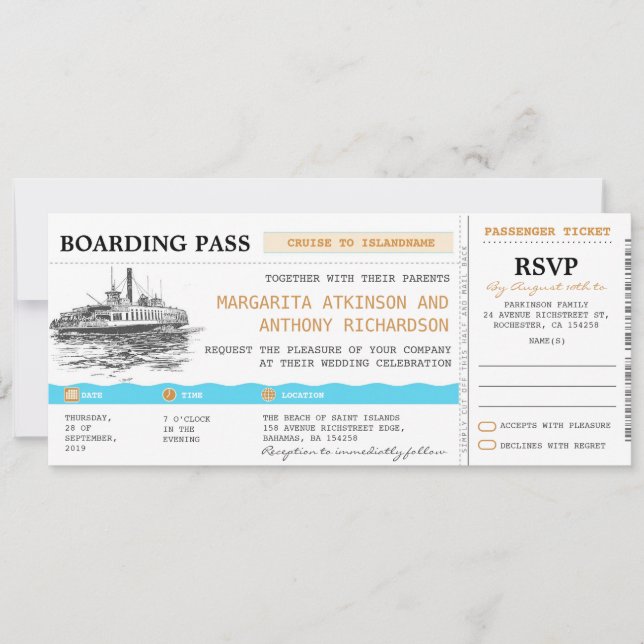 boarding pass cruise wedding invites with RSVP (Front)