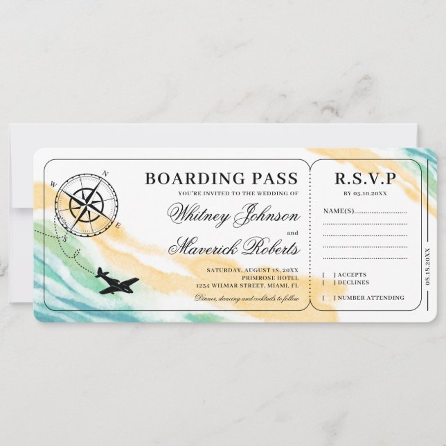 Boarding Pass Destination Watercolor Ocean Wedding Invitation (Front)