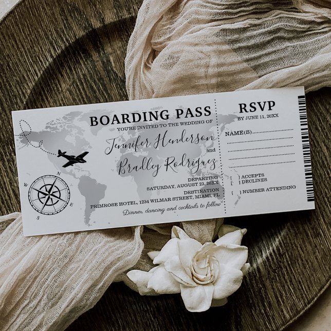 Boarding Pass Destination Wedding World Map Invitation (Creator Uploaded)