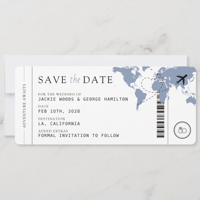 Boarding Pass Dusty Blue 3 Photos Wedding Save The Date (Front)