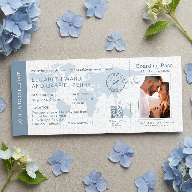 Boarding Pass Dusty Blue Destination Wedding Invitation (Creator Uploaded)