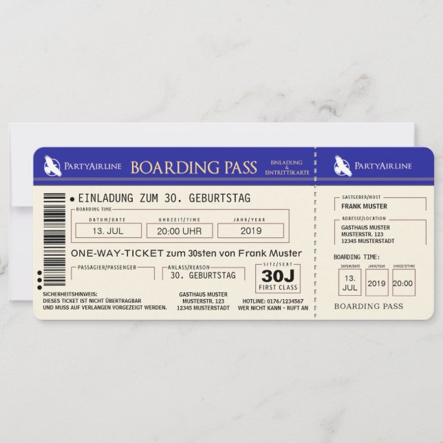 BOARDING PASS Flight Ticket Invitation Card (blue) (Front)