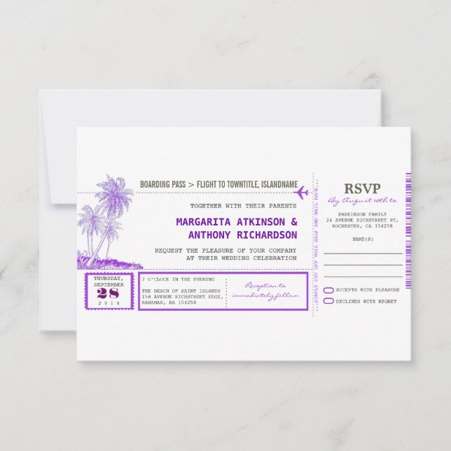 boarding pass flight wedding invites with RSVP (Front)